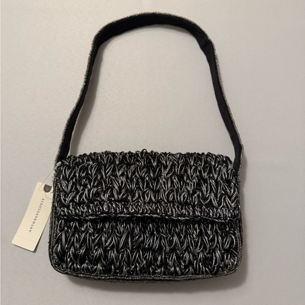 Anthropologie Maeve Fiona Crochet Beaded Bag Black & Silver